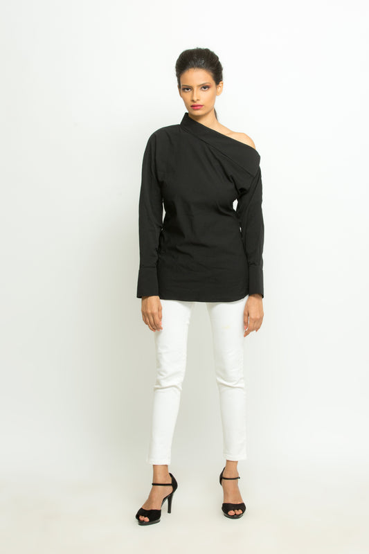 Black off-shoulder shirt features full sleeves, statement collars and button closure.