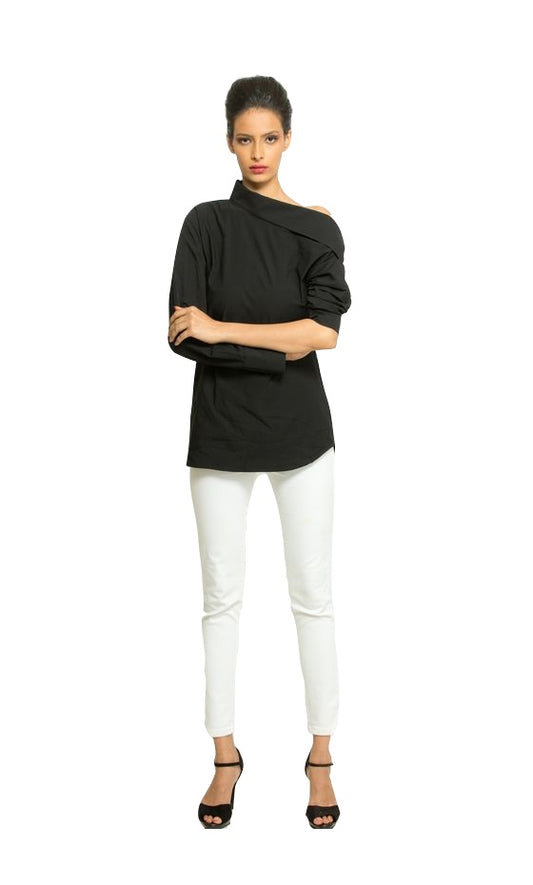 Black off-shoulder shirt features full sleeves, statement collars and button closure.