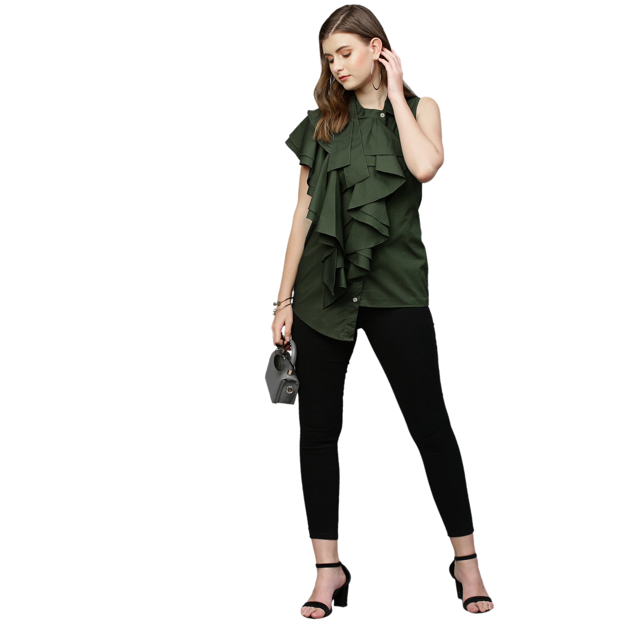 Military green sleeveless shirt features an extended collar and frill detailing.