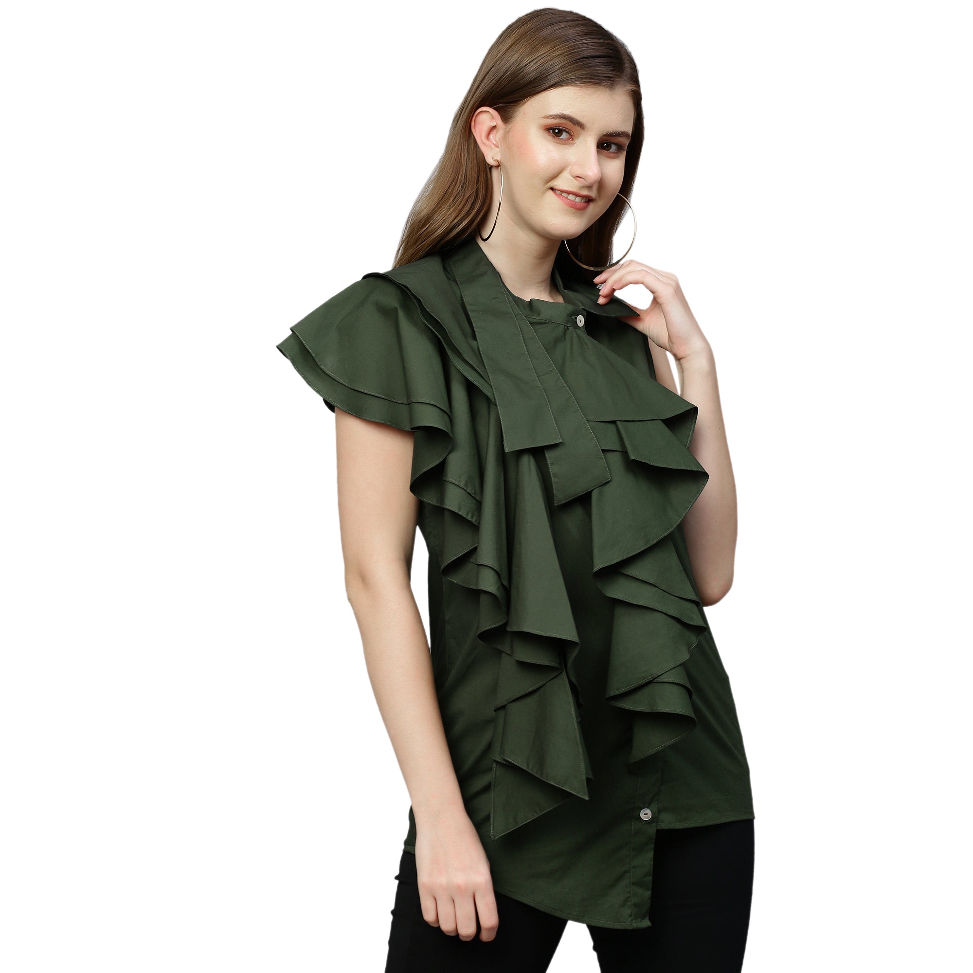 Military green sleeveless shirt features an extended collar and frill detailing.