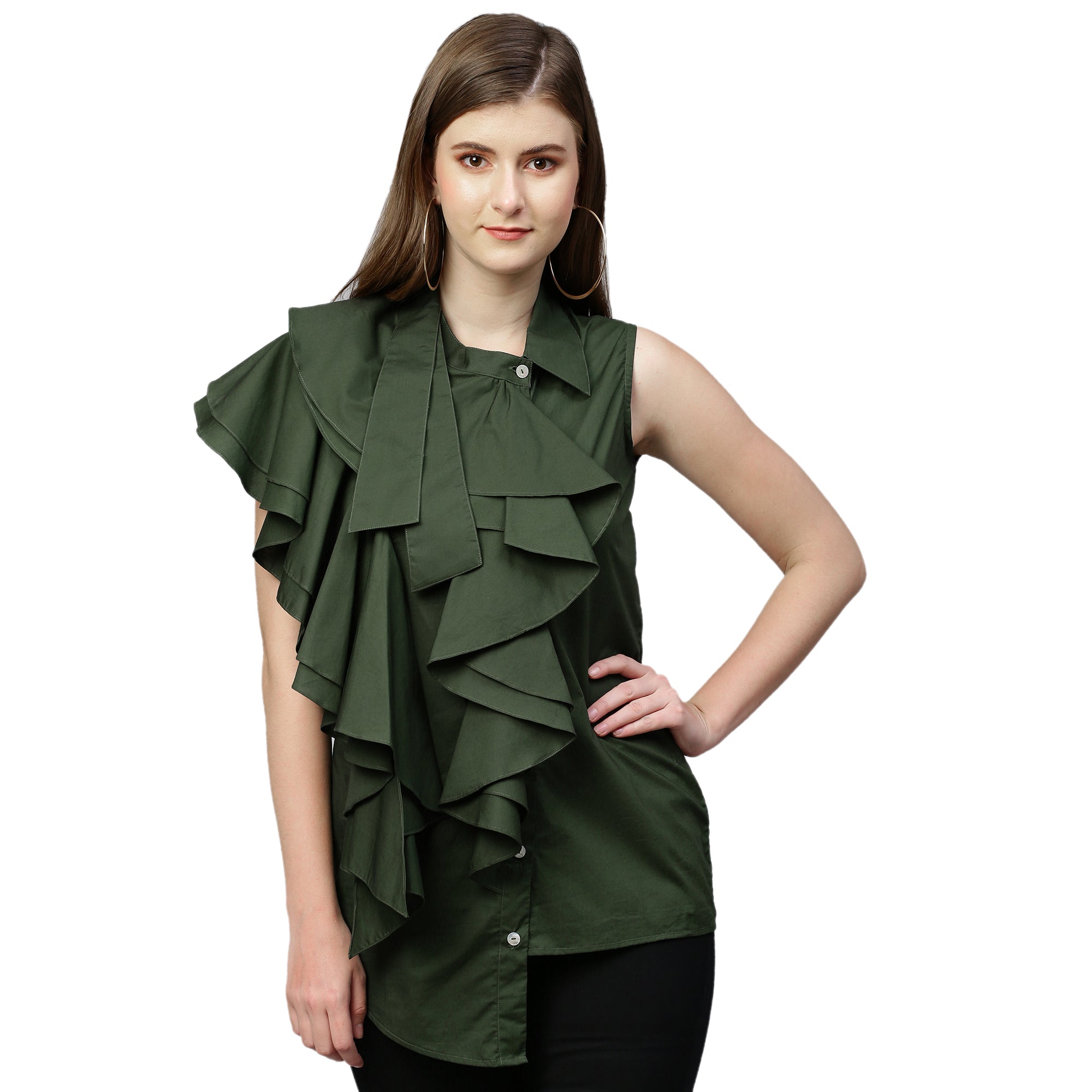 Military green sleeveless shirt features an extended collar and frill detailing.