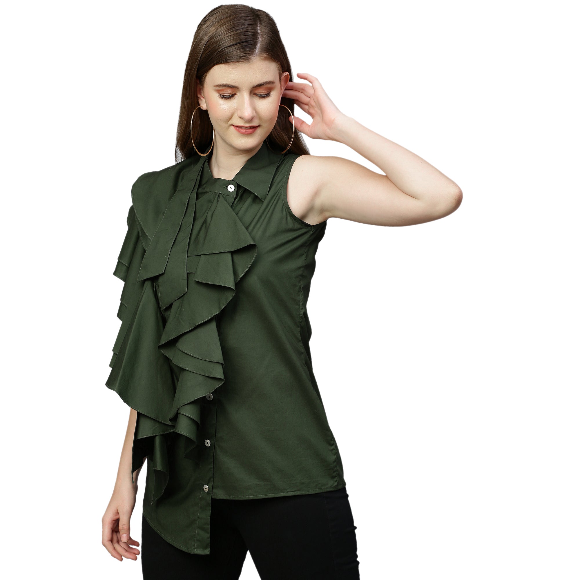 Military green sleeveless shirt features an extended collar and frill detailing.