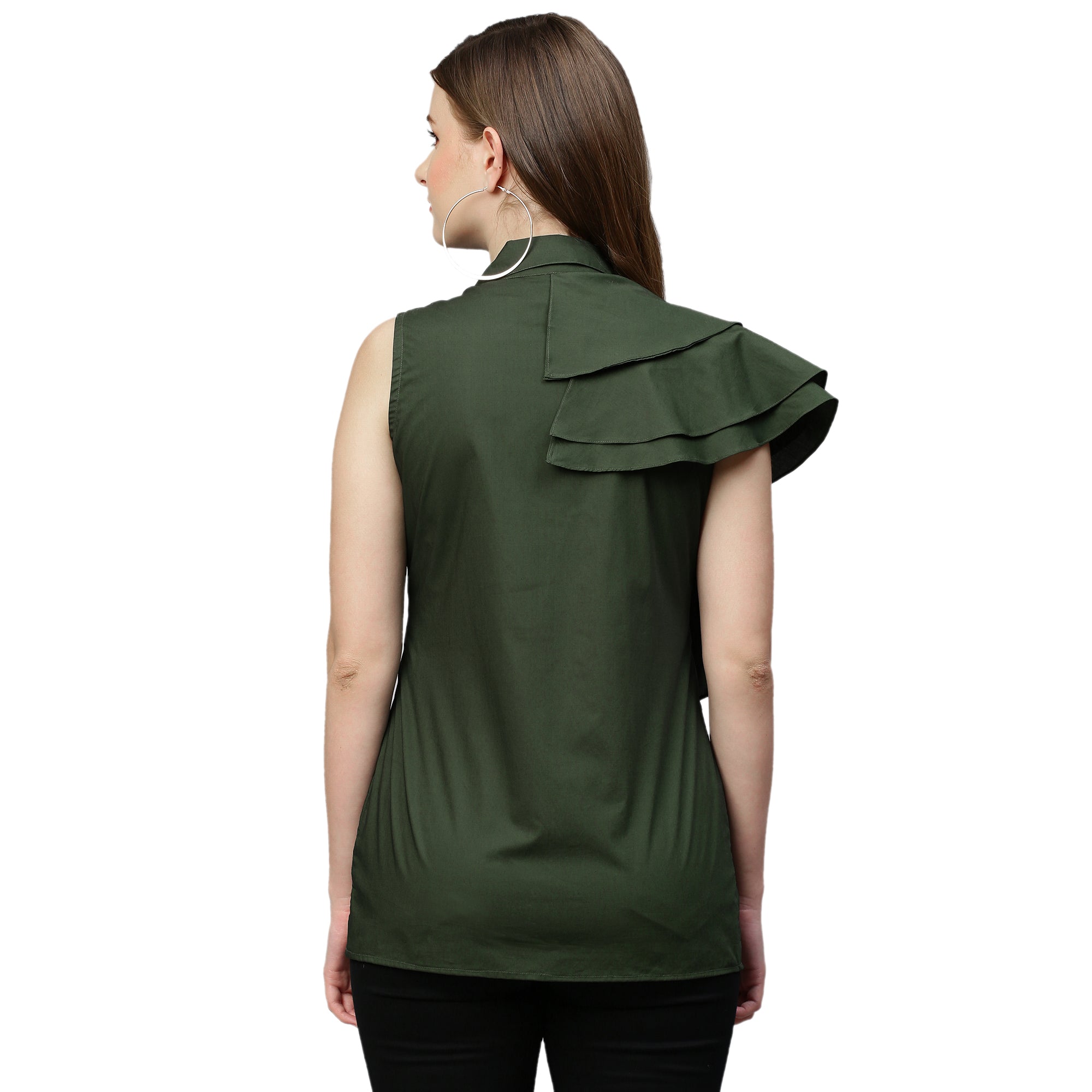Military green sleeveless shirt features an extended collar and frill detailing.