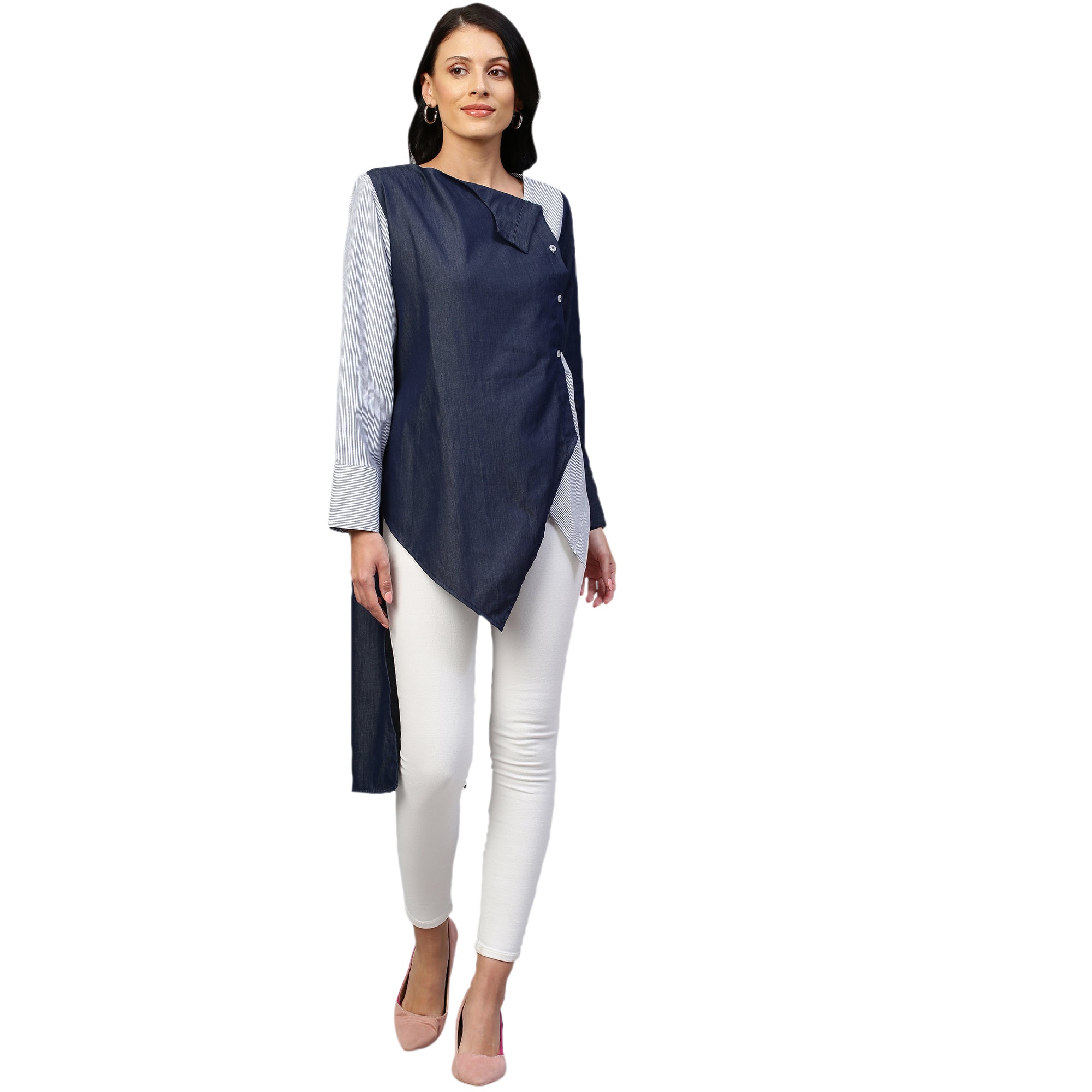 Dark blue denim shirt features blue stripes with wide collar and a off-center placket.