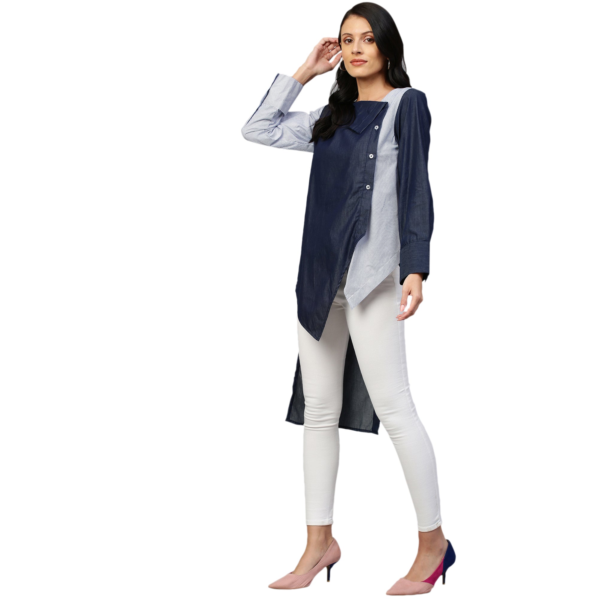 Dark blue denim shirt features blue stripes with wide collar and a off-center placket.