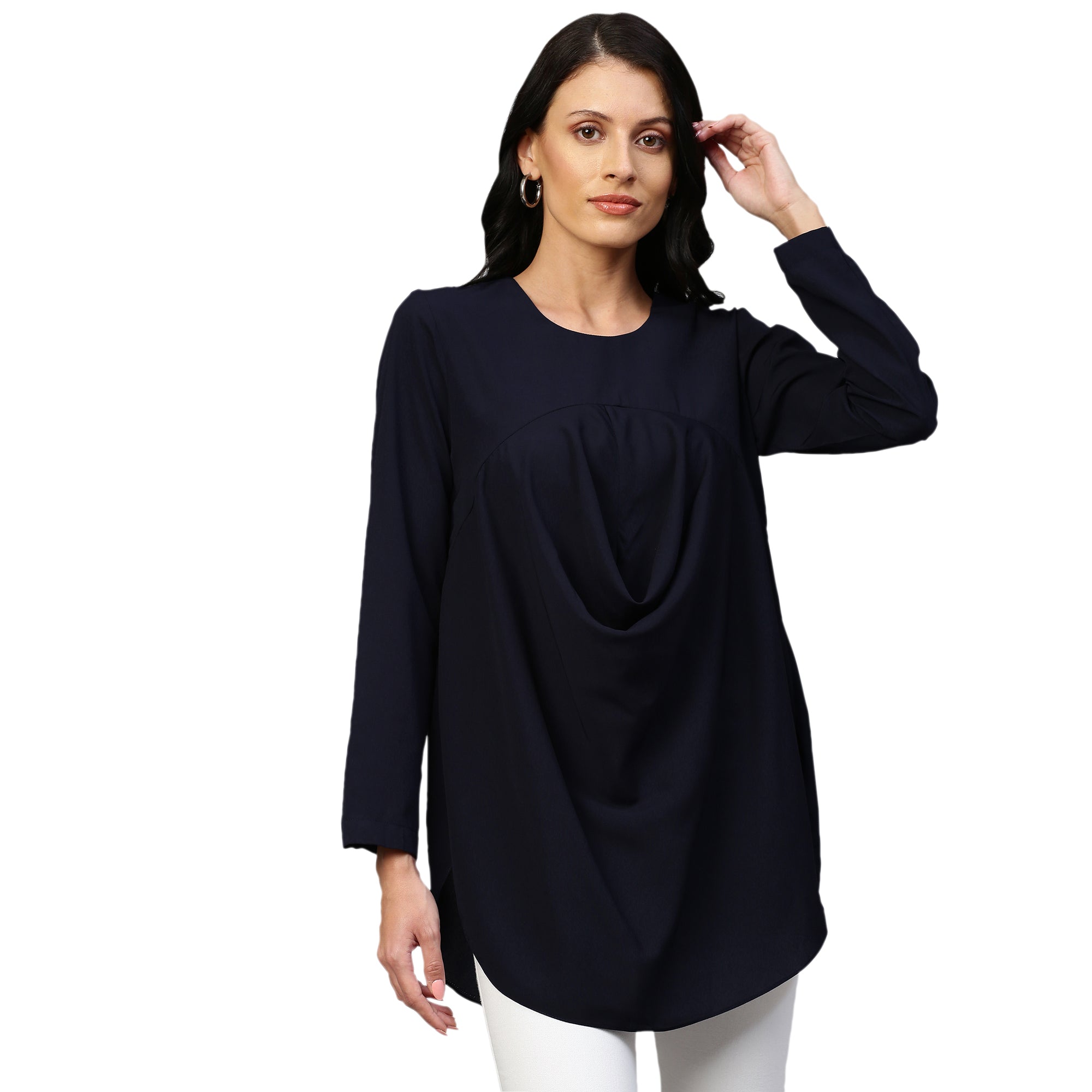 Blue shirt with front & back cowl features.