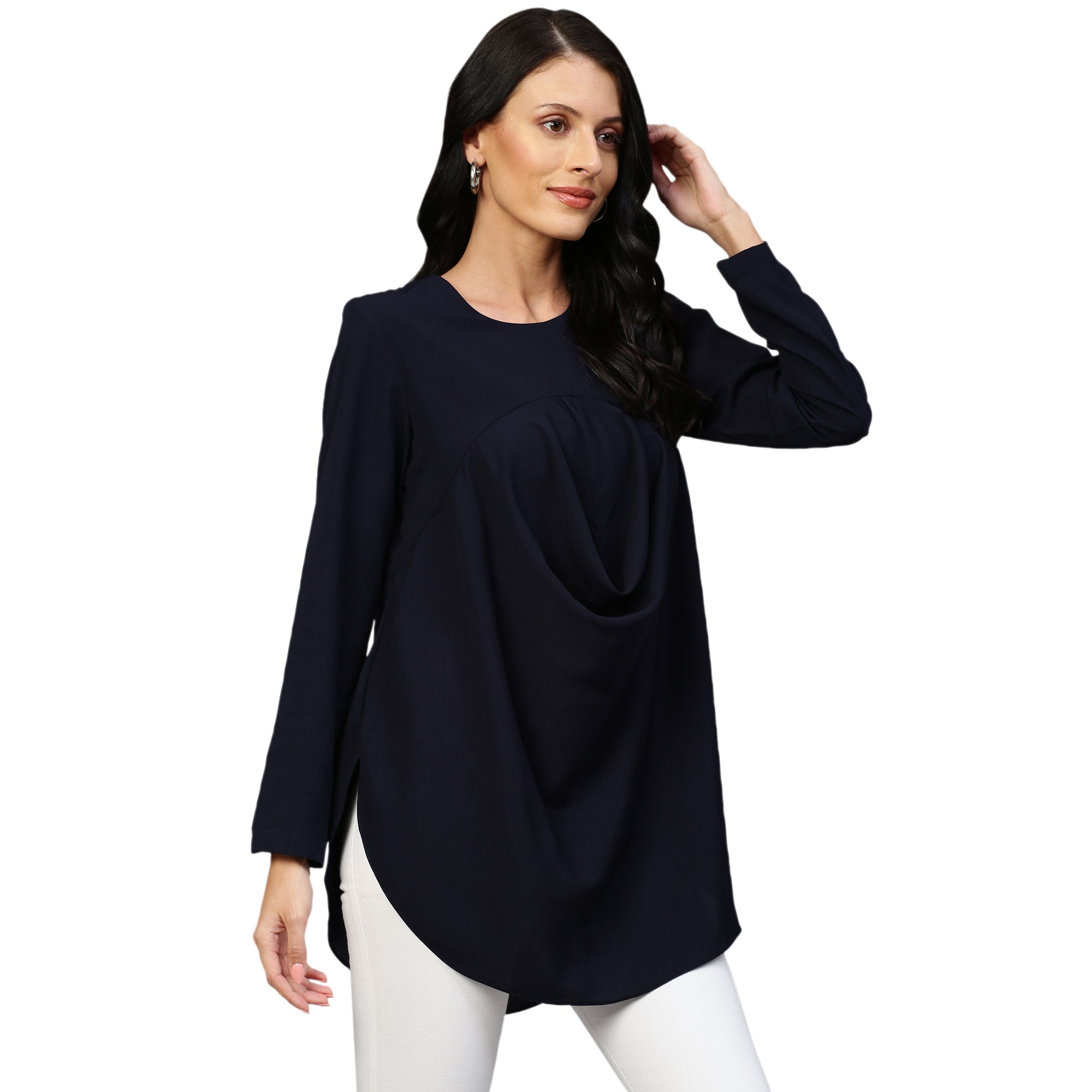 Blue shirt with front & back cowl features.