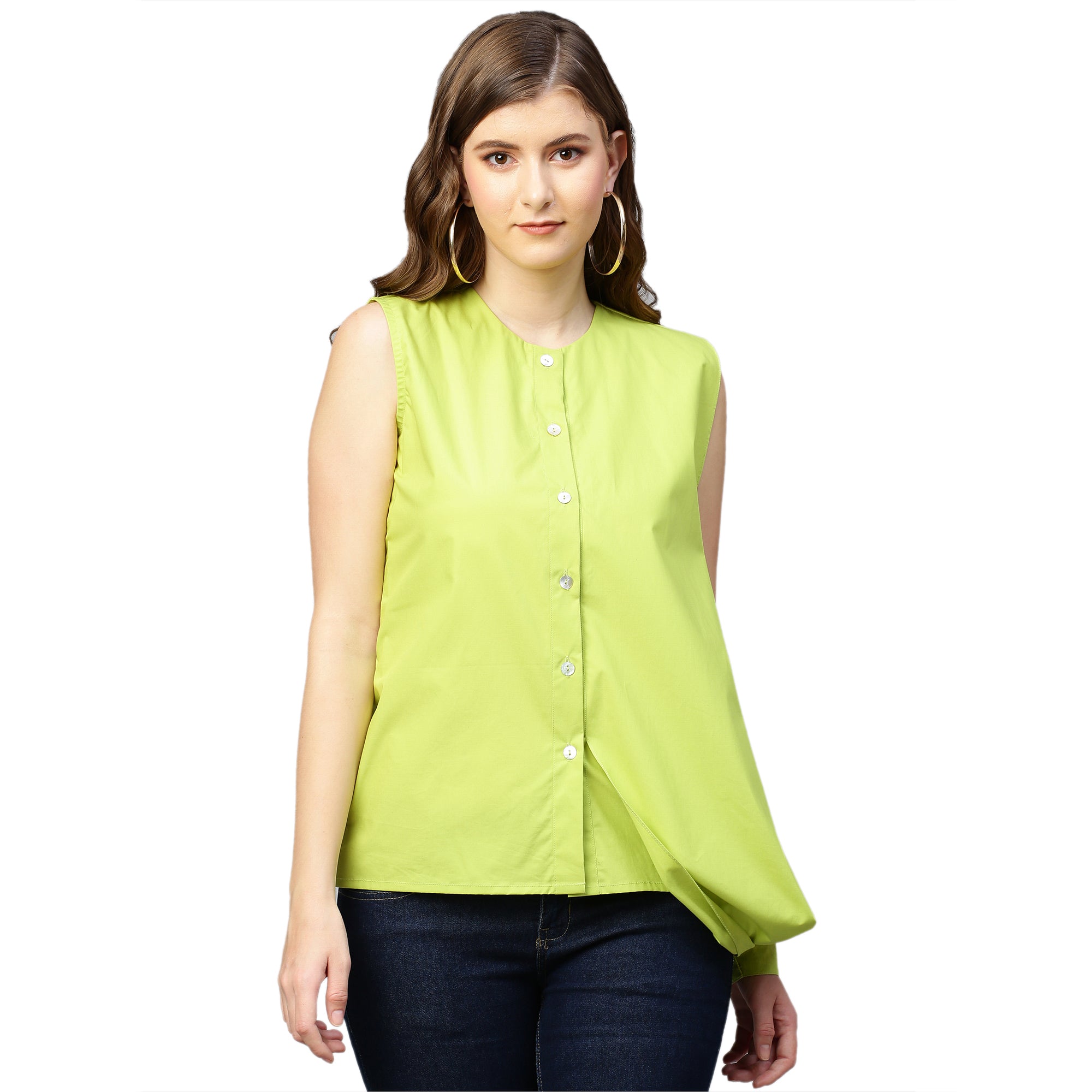 Lime green sleeveless shirt features a drape sleeve on one side.