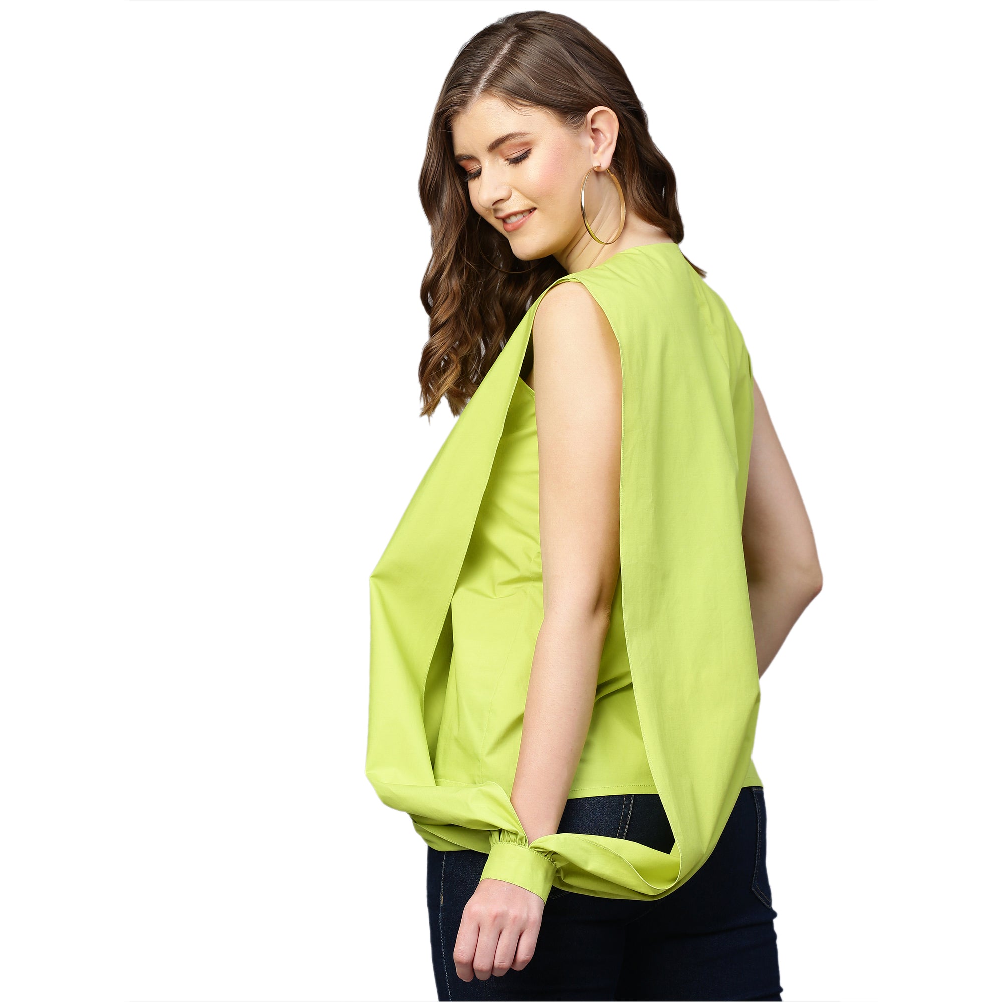 Lime green sleeveless shirt features a drape sleeve on one side.