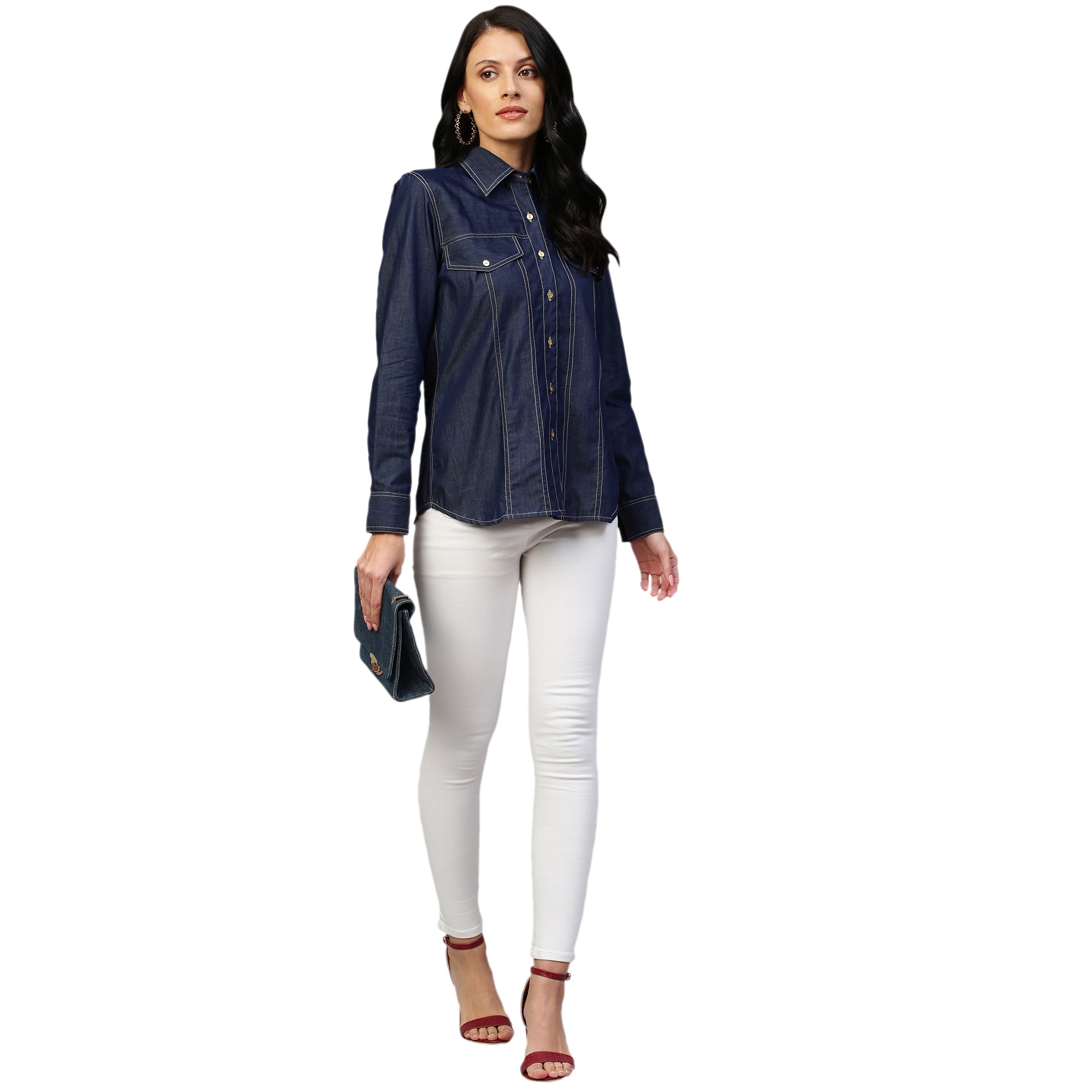 Denim button-down shirt features full sleeves and a red embellished cross.