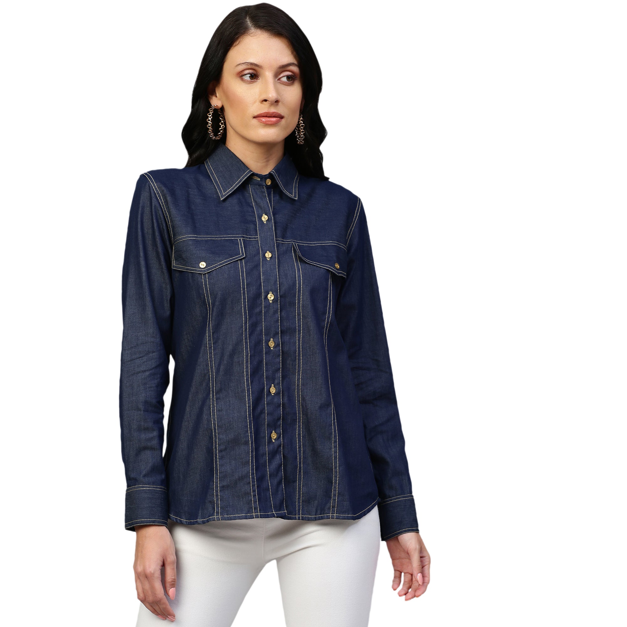 Denim button-down shirt features full sleeves and a red embellished cross.