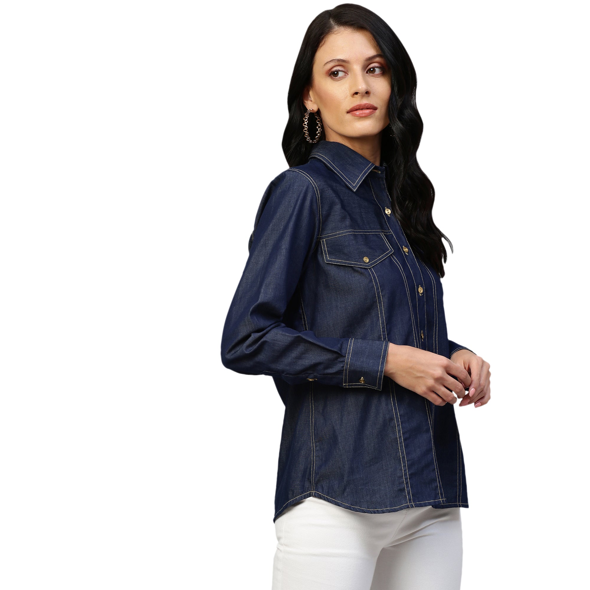 Denim button-down shirt features full sleeves and a red embellished cross.