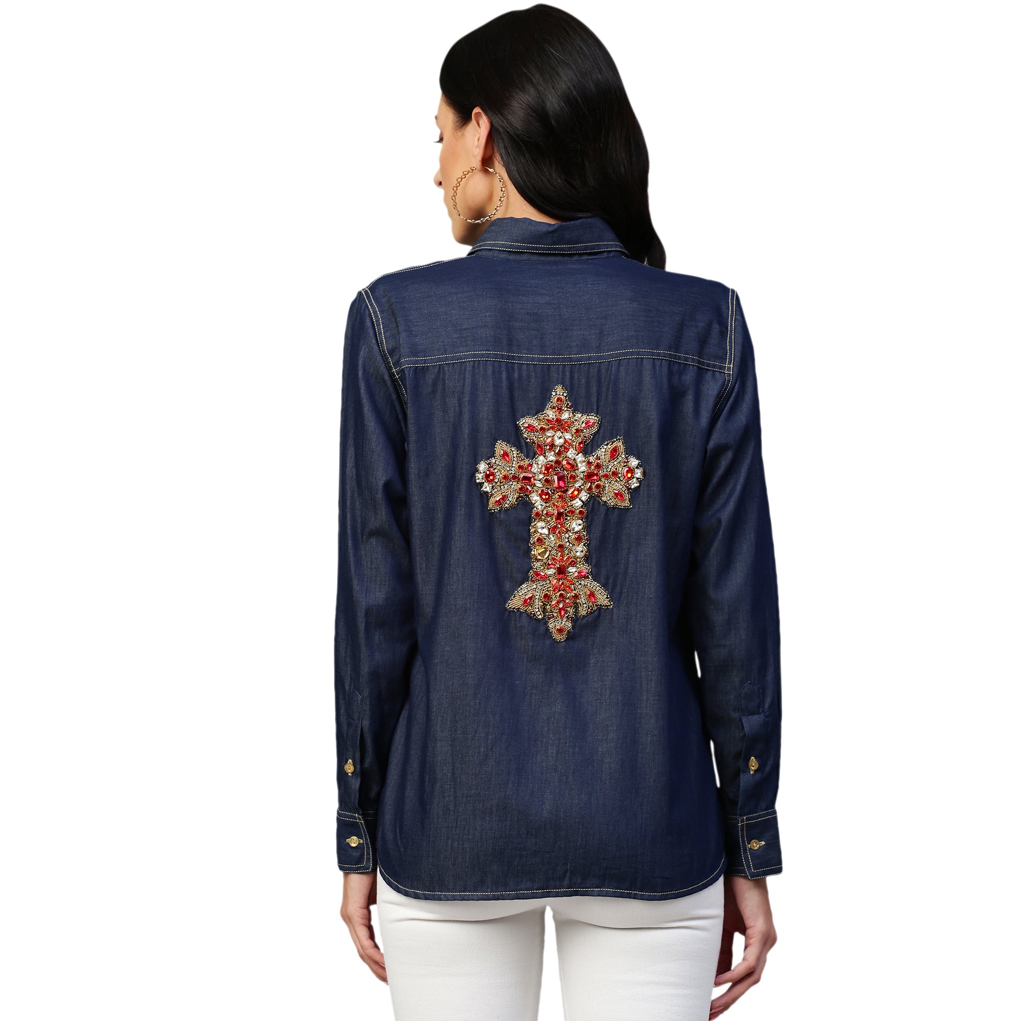 Denim button-down shirt features full sleeves and a red embellished cross.