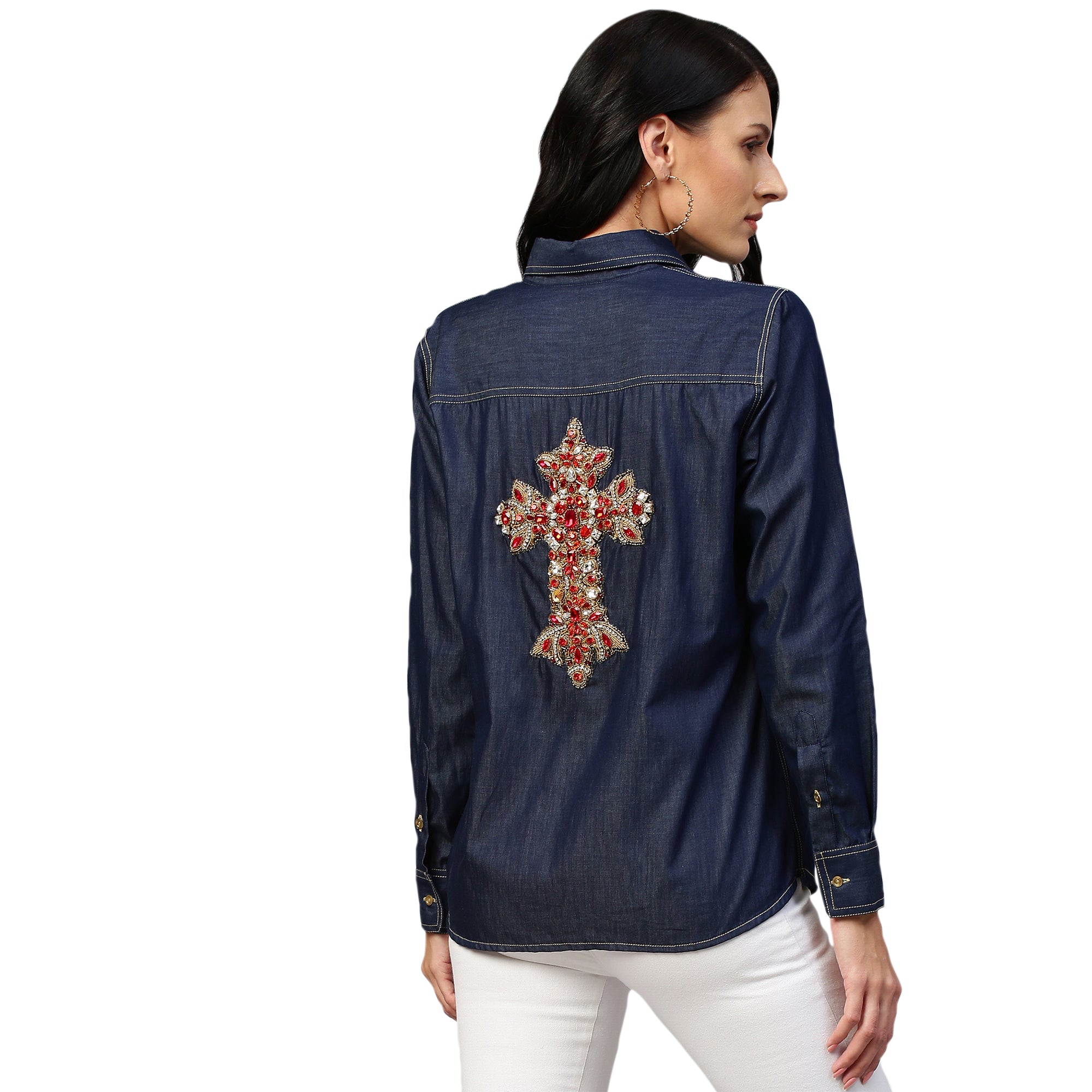 Denim button-down shirt features full sleeves and a red embellished cross.