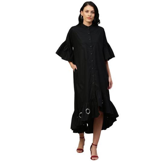 Black flare dress features bell sleeves, long & short hem and eyelet.