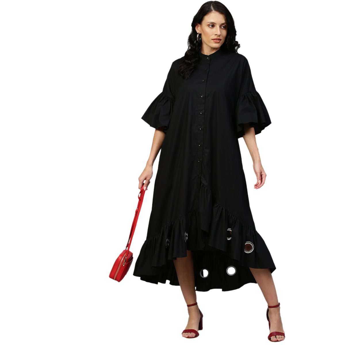 Black flare dress features bell sleeves, long & short hem and eyelet.