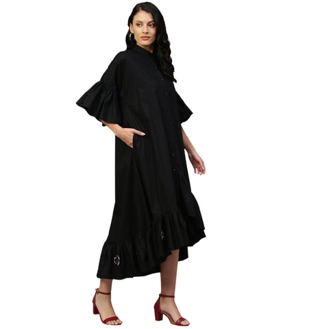 Black flare dress features bell sleeves, long & short hem and eyelet.