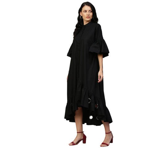 Black flare dress features bell sleeves, long & short hem and eyelet.