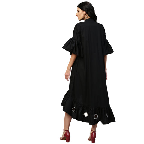 Black flare dress features bell sleeves, long & short hem and eyelet.