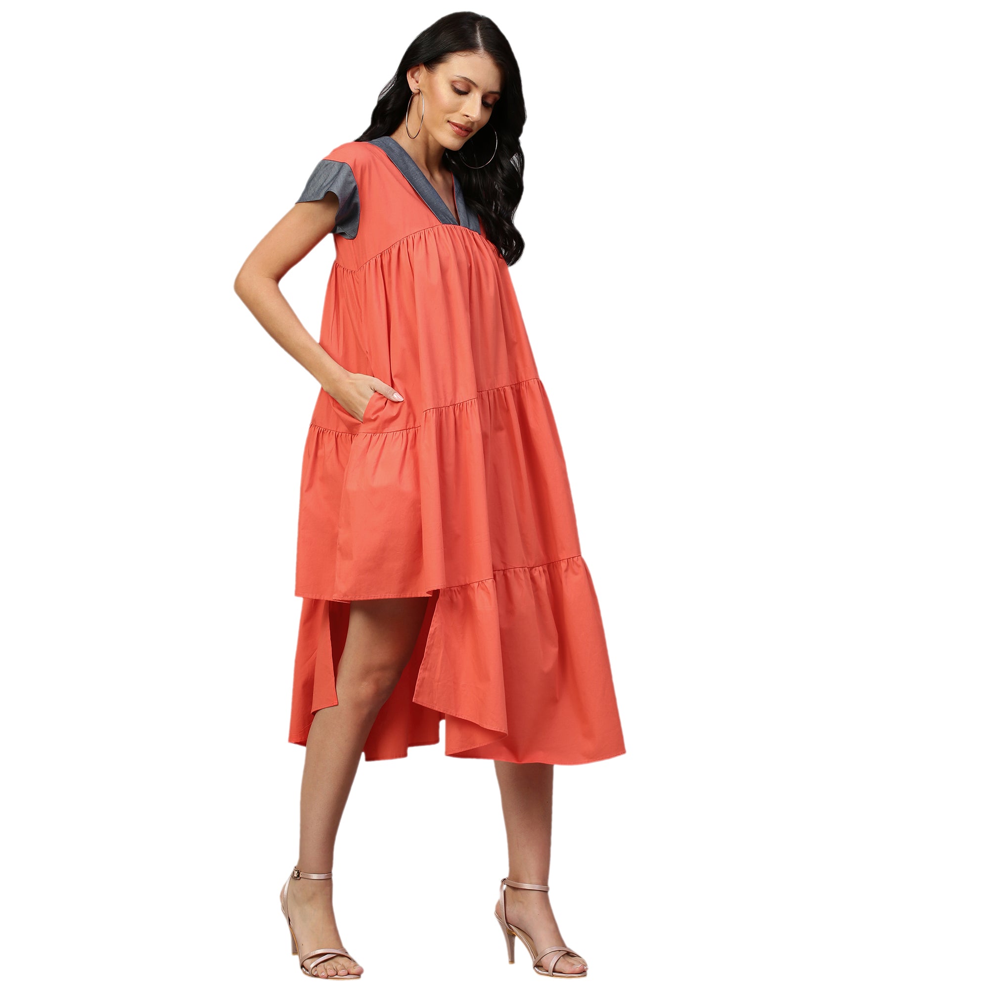 Coral V-neck dress