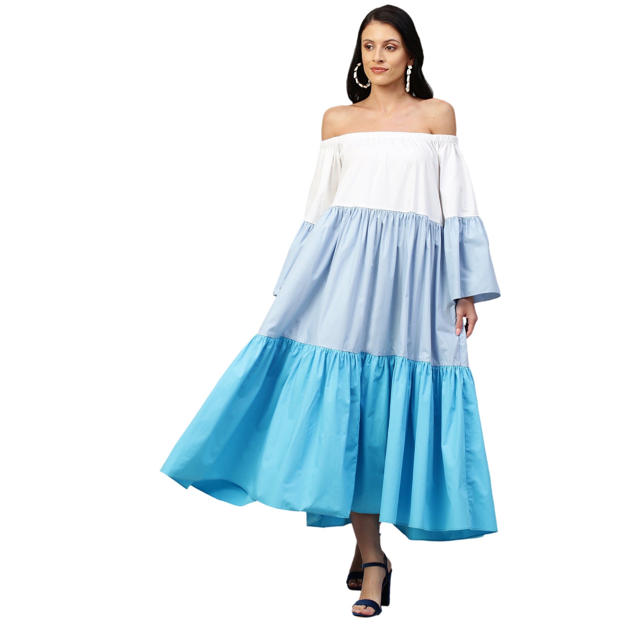 Off-shoulder maxi dress in shades of blue.