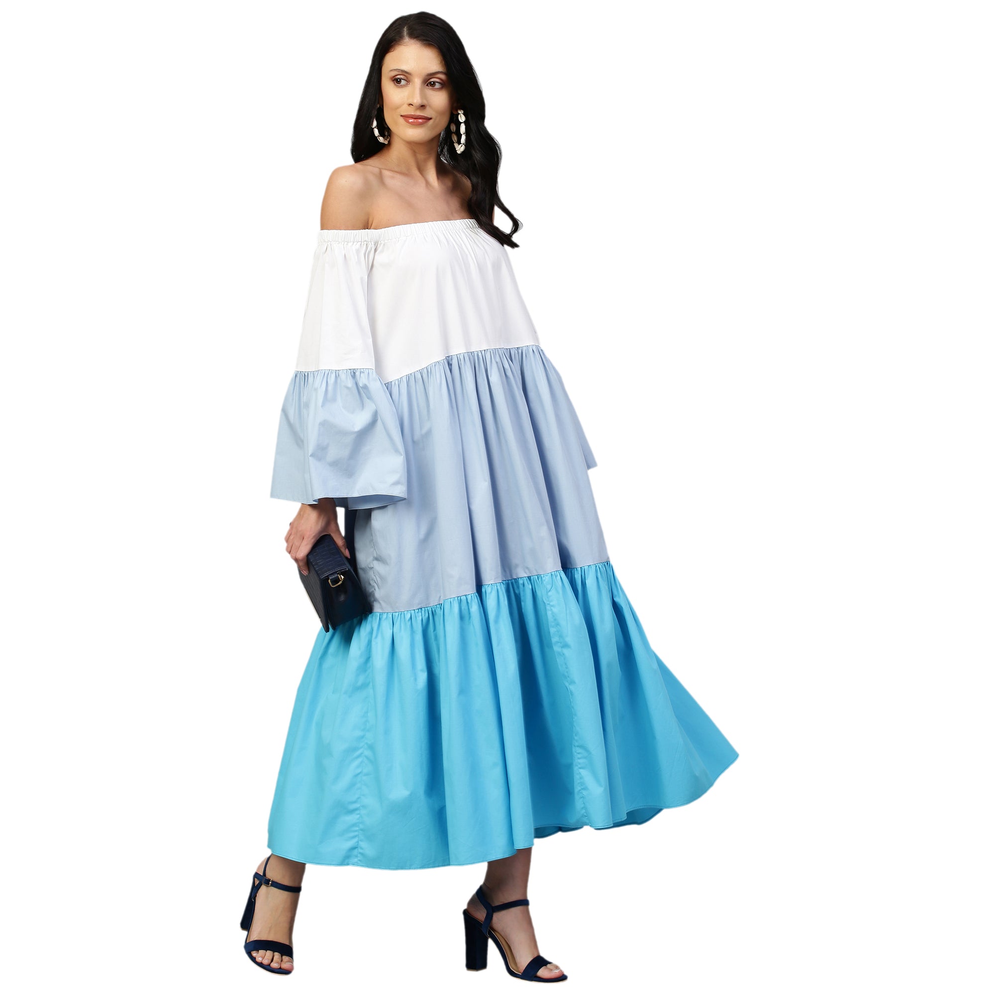 Off-shoulder maxi dress in shades of blue.