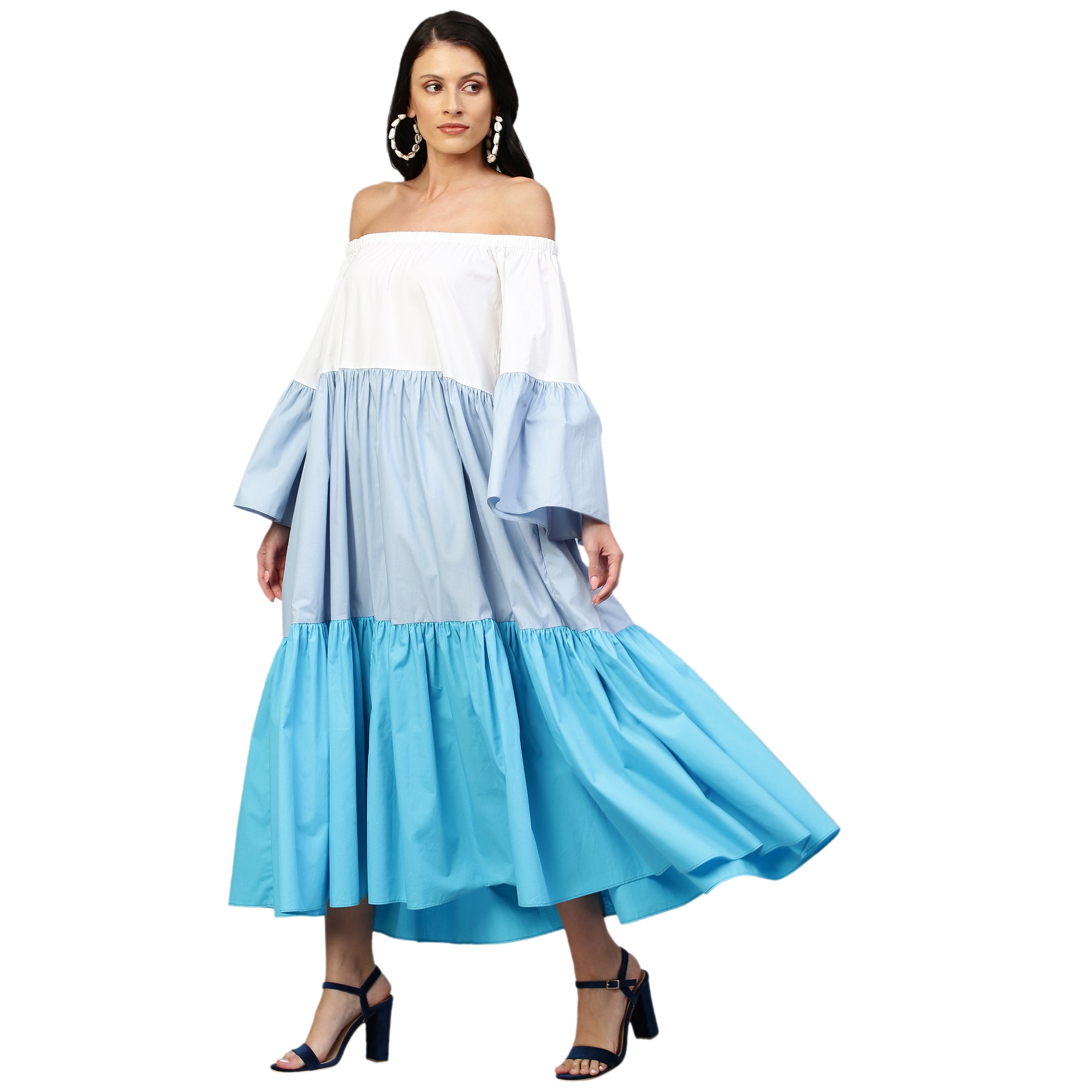 Off-shoulder maxi dress in shades of blue.