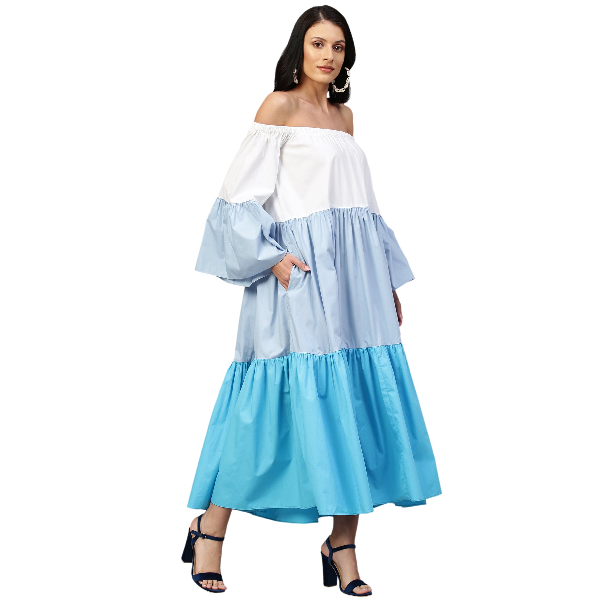 Off-shoulder maxi dress in shades of blue.