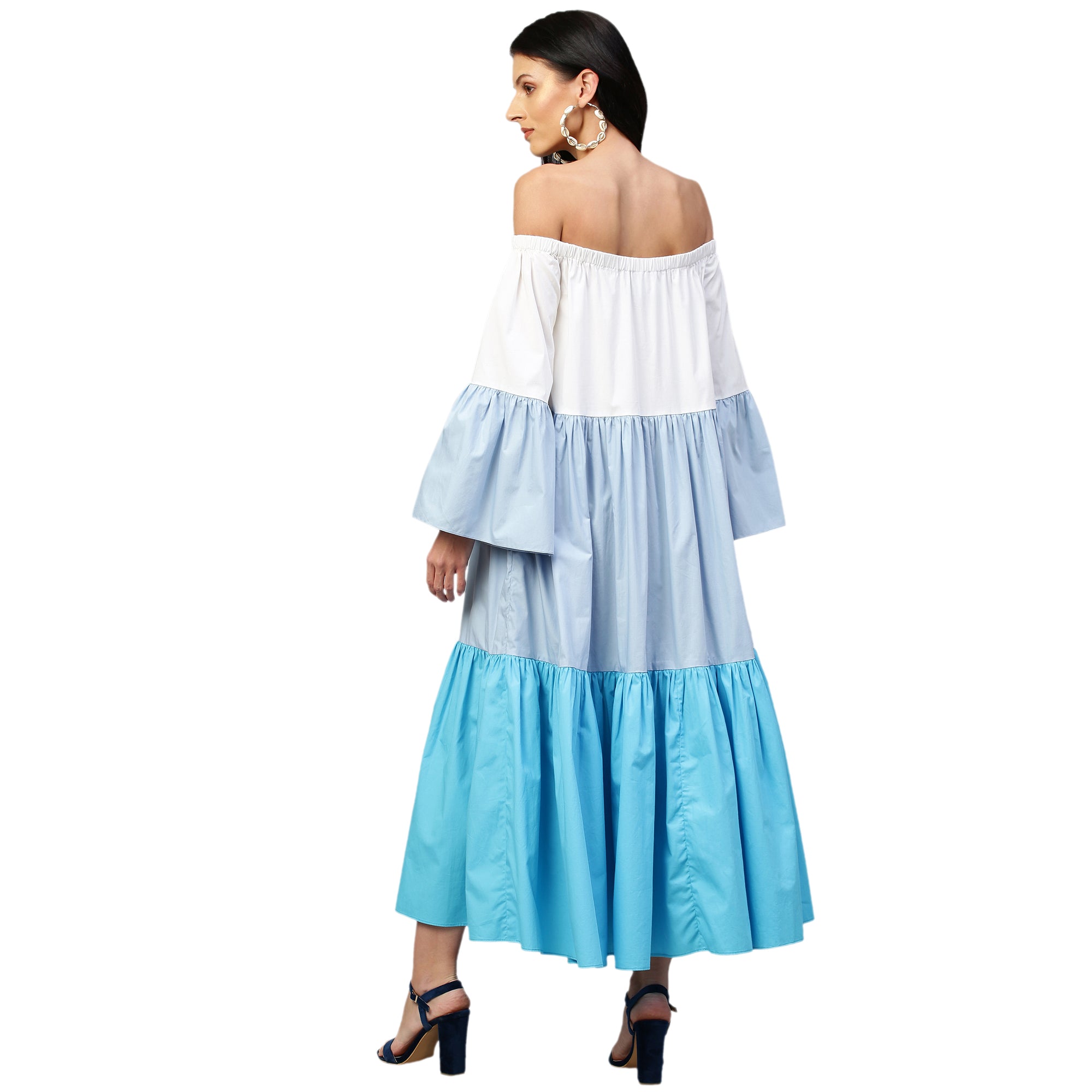Off-shoulder maxi dress in shades of blue.