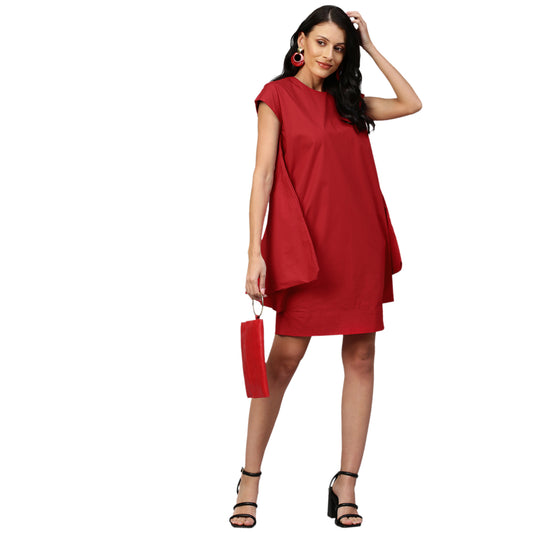 Red cap sleeves dress with assymetric flared feature.