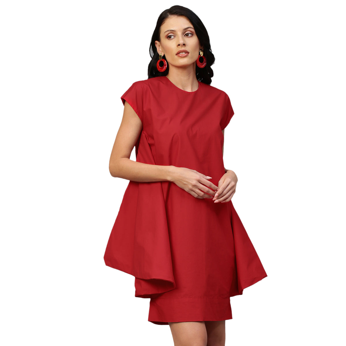 Red cap sleeves dress with assymetric flared feature.