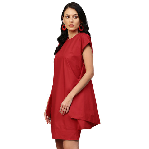 Red cap sleeves dress with assymetric flared feature.