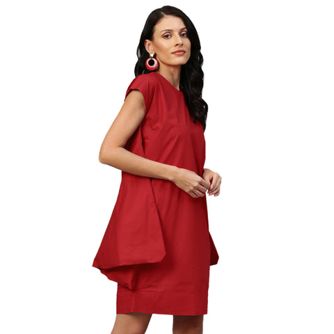 Red cap sleeves dress with assymetric flared feature.