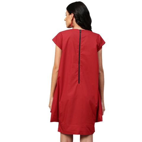 Red cap sleeves dress with assymetric flared feature.