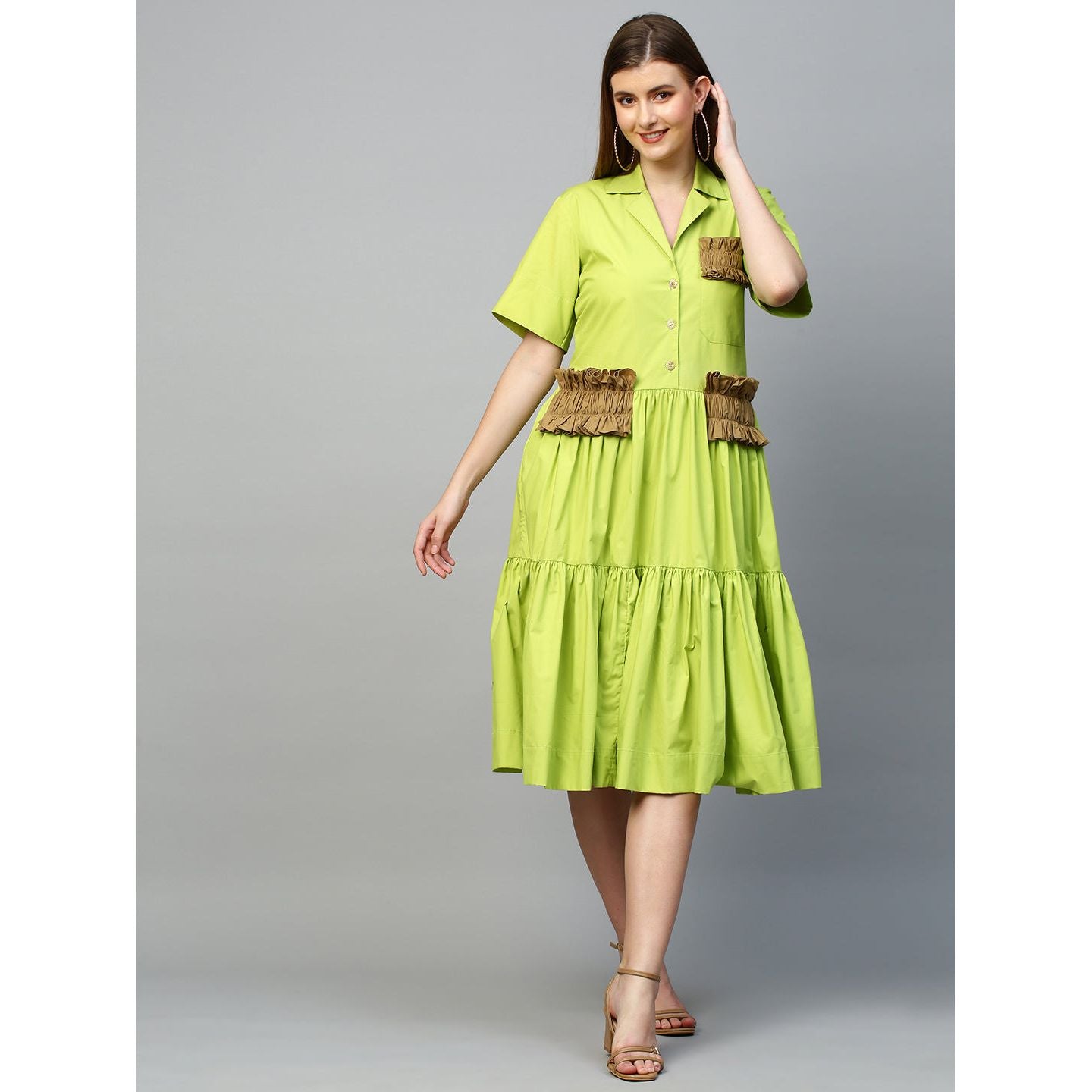 Lime green & dark khakhi tiered shirt dress