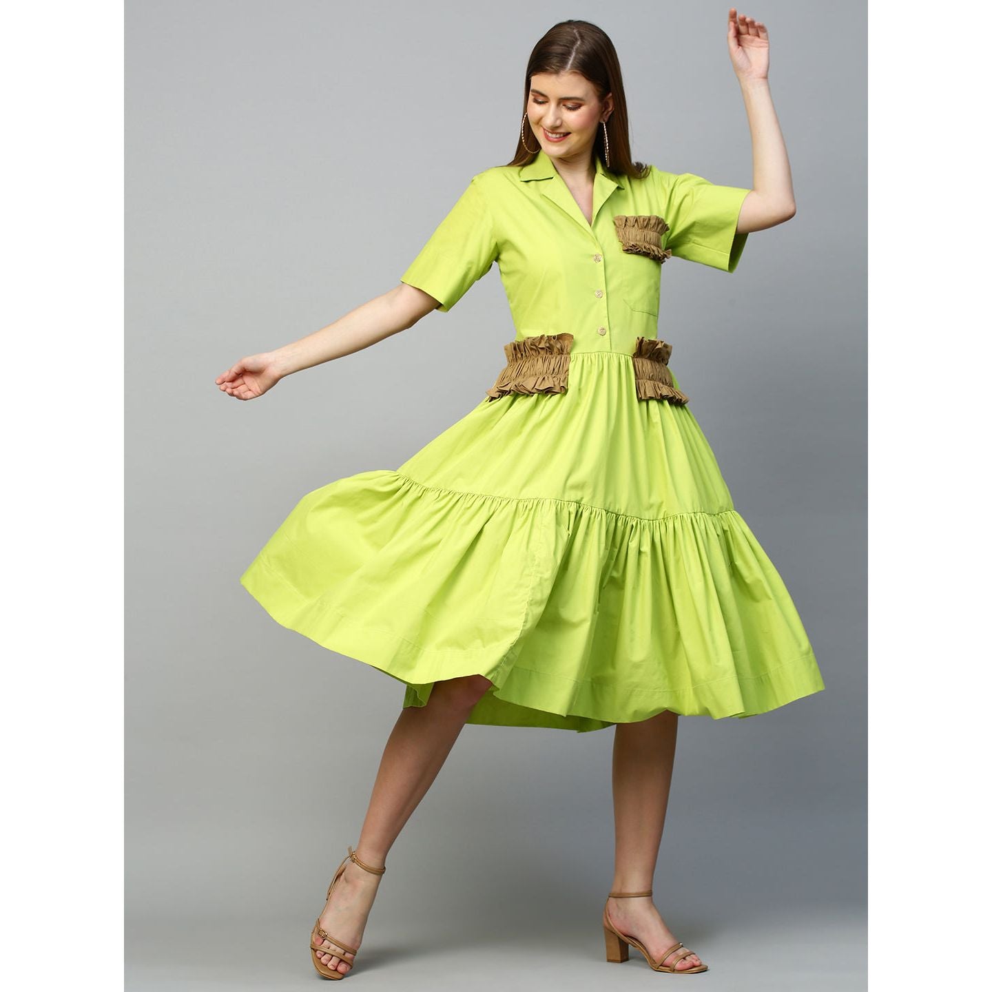 Lime green & dark khakhi tiered shirt dress