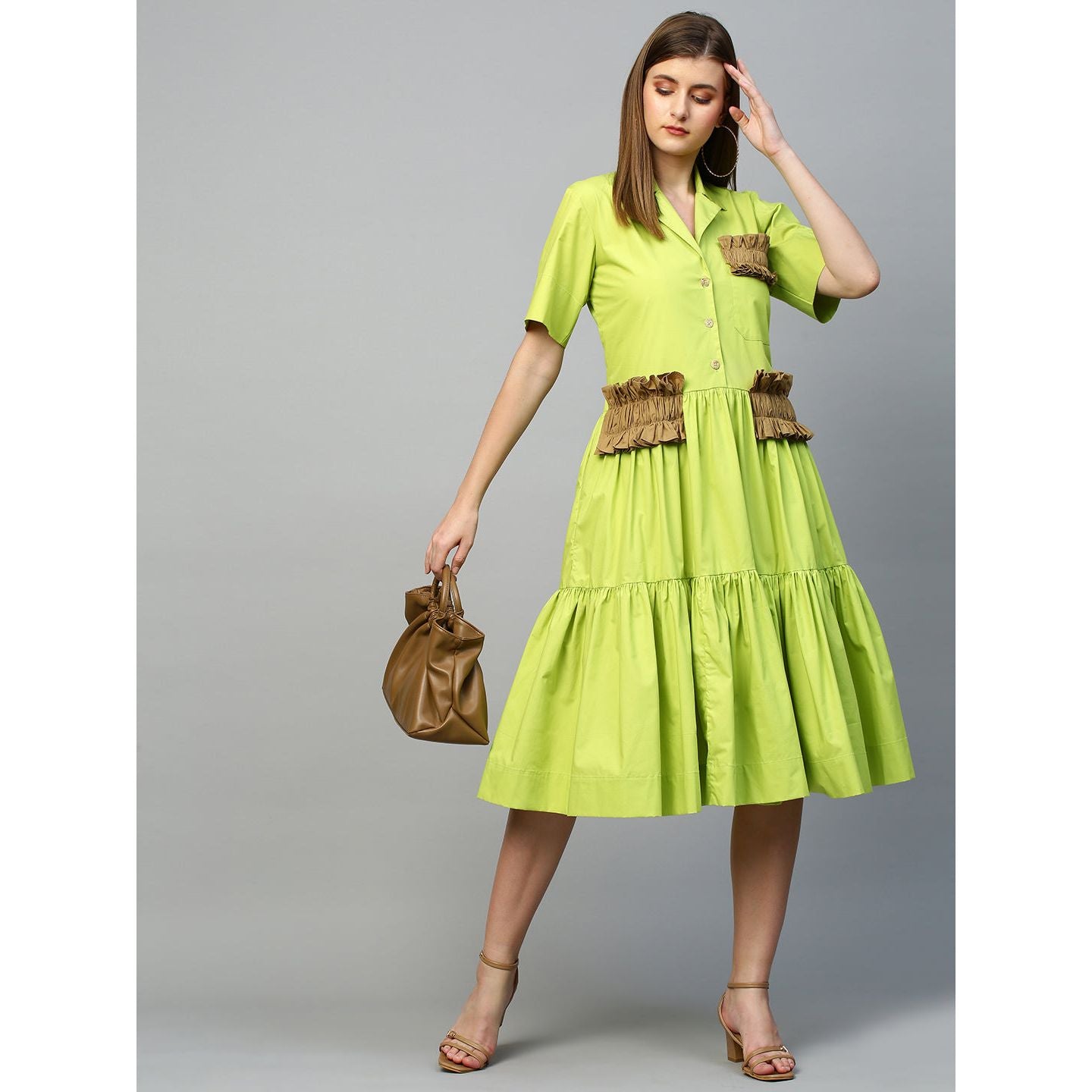 Lime green & dark khakhi tiered shirt dress