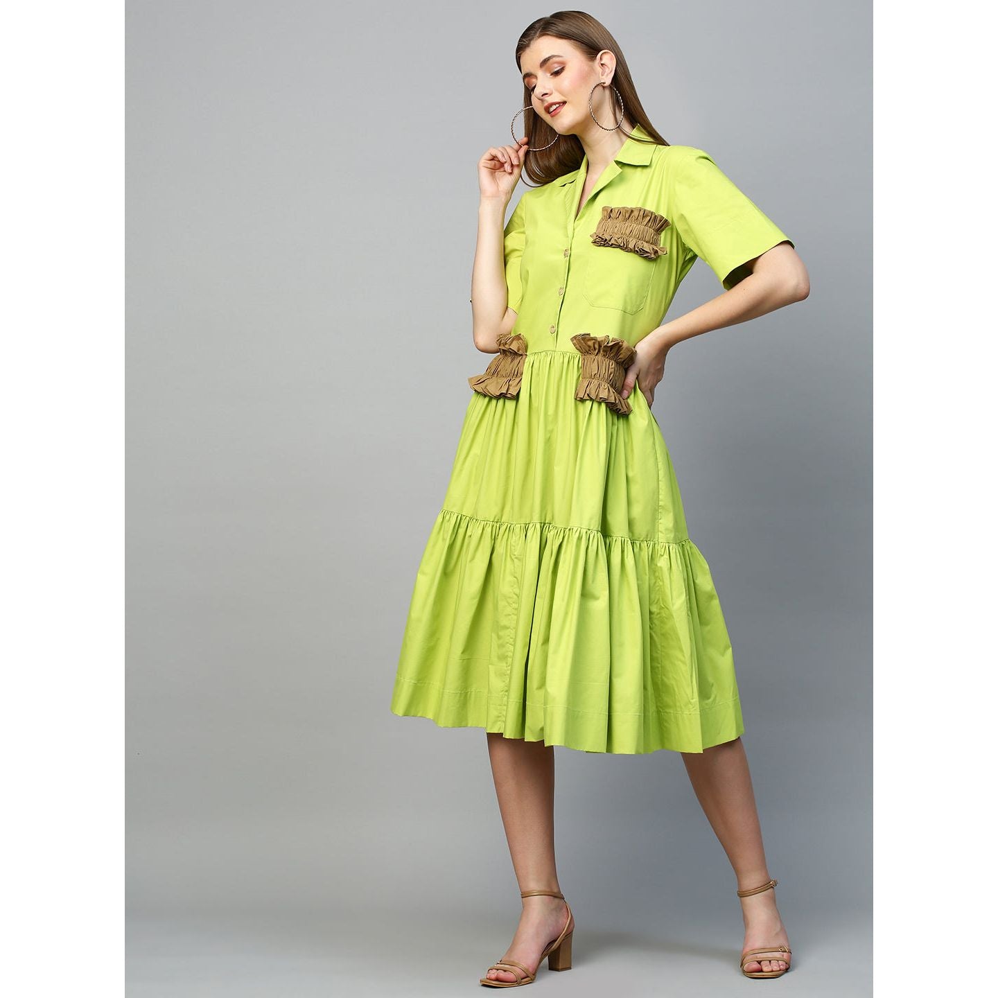 Lime green & dark khakhi tiered shirt dress