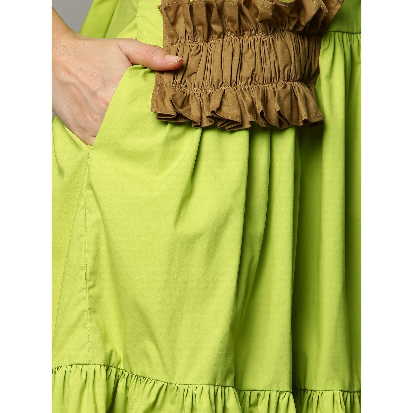 Lime green & dark khakhi tiered shirt dress