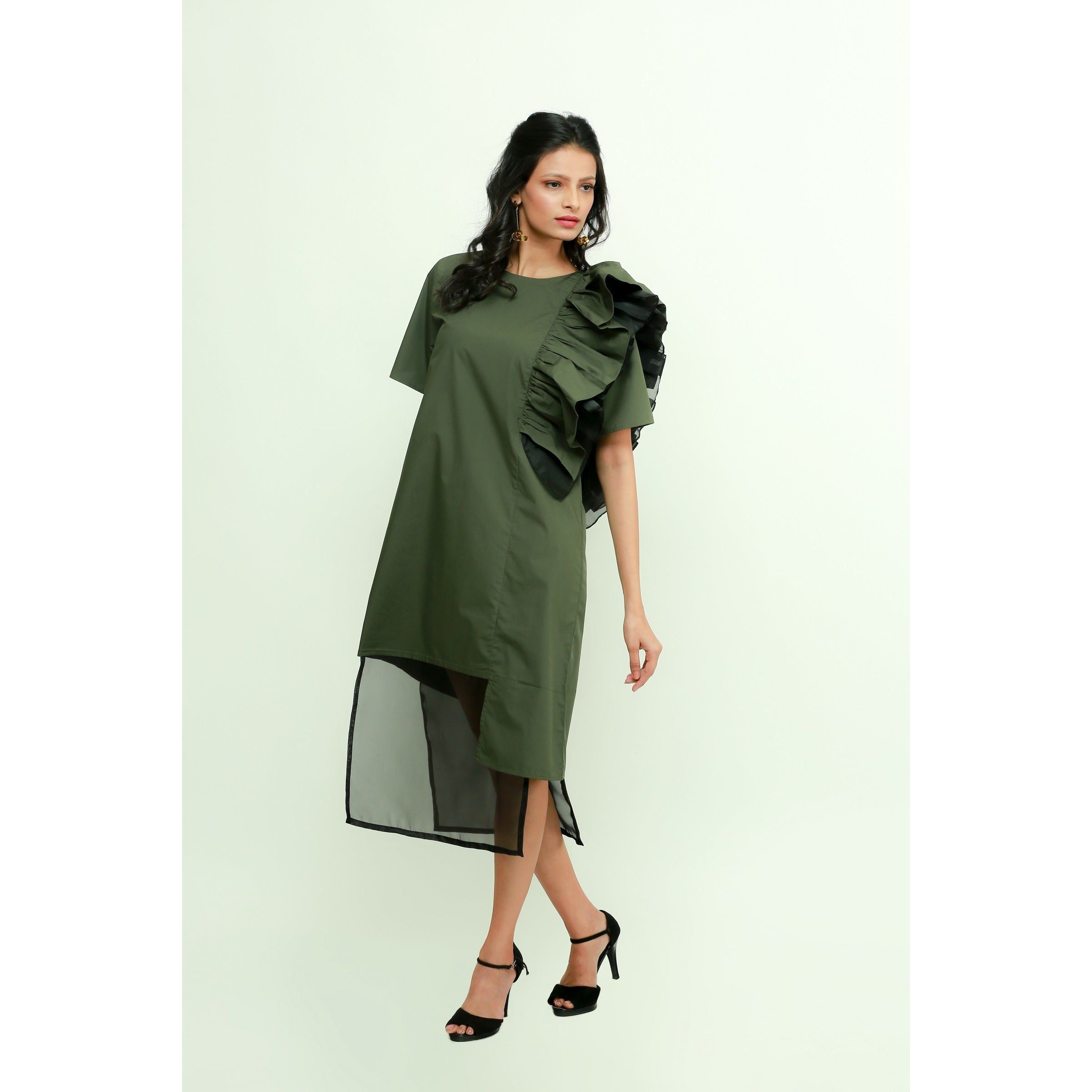 Military green frilled dress