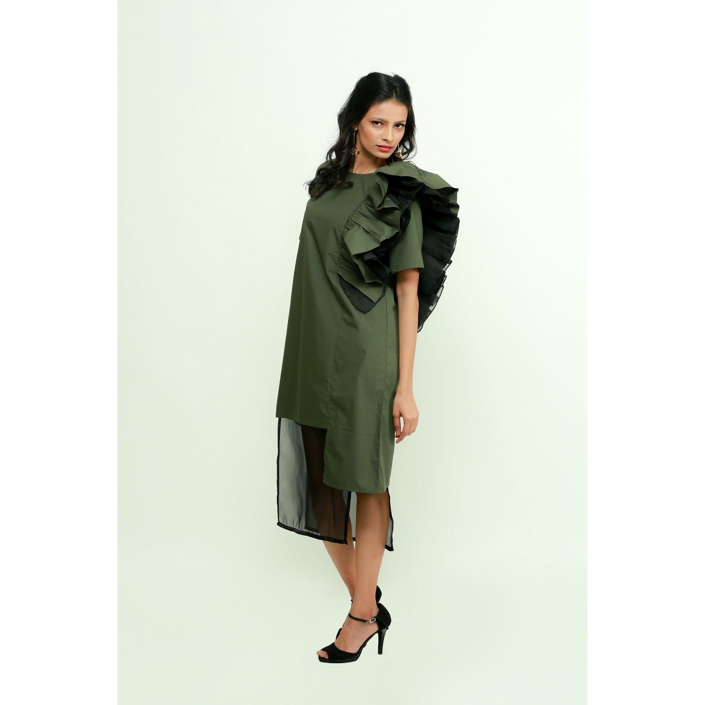 Military green frilled dress