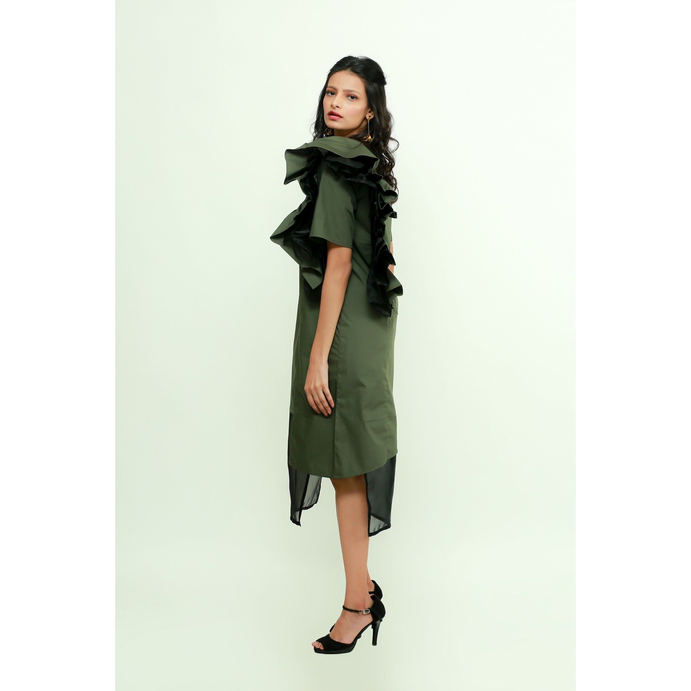Military green frilled dress