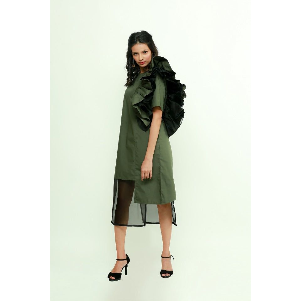 Military green frilled dress