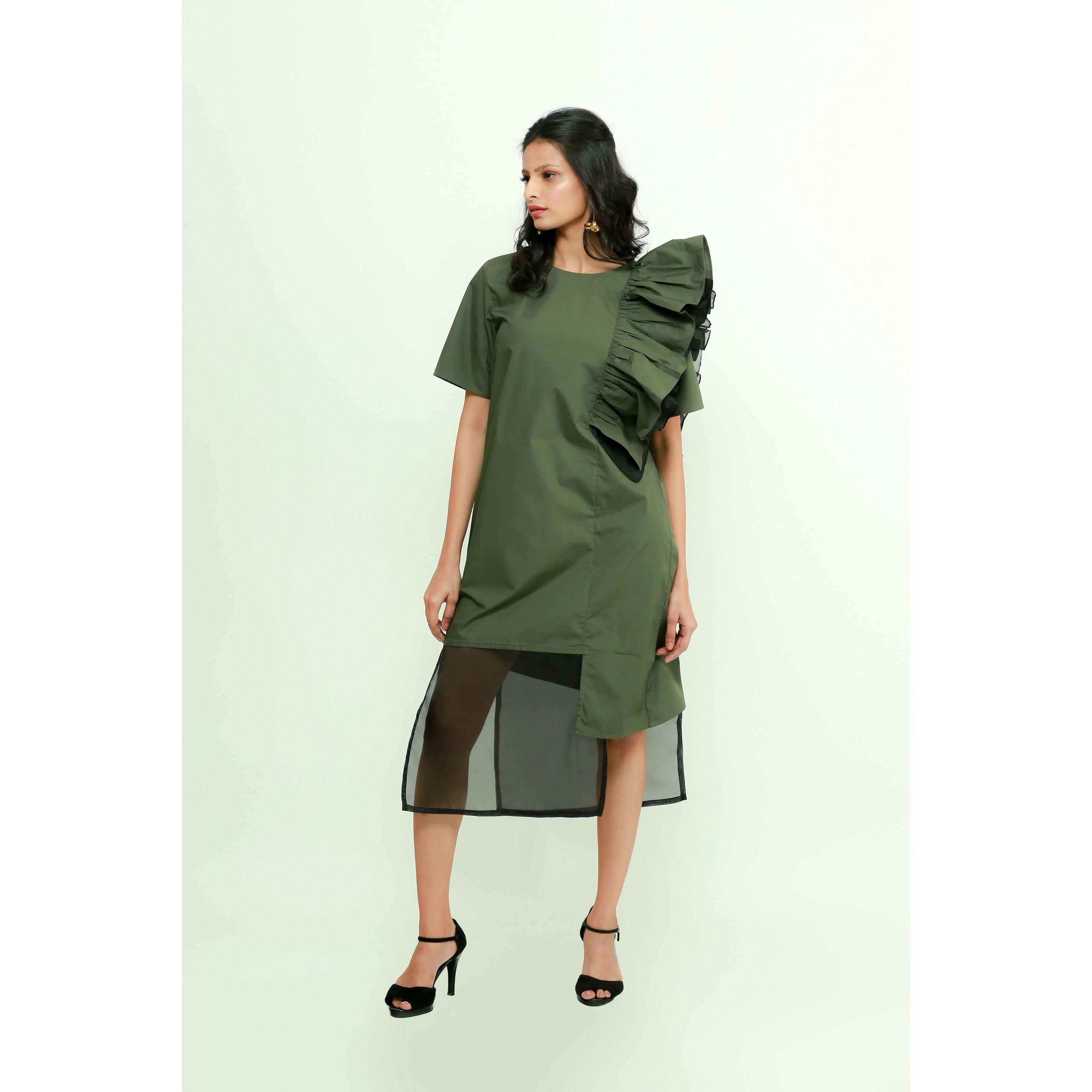 Military green frilled dress