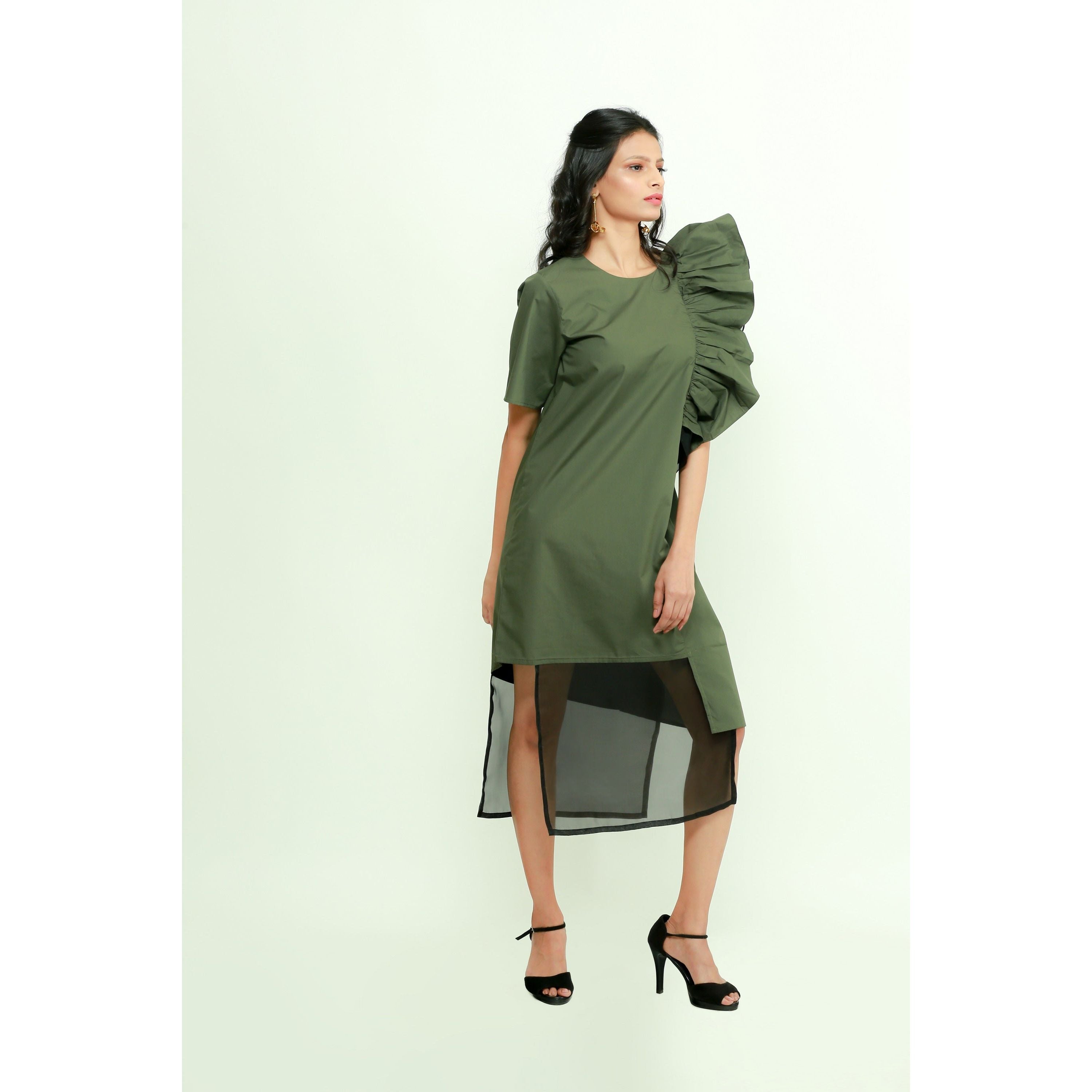 Military green frilled dress