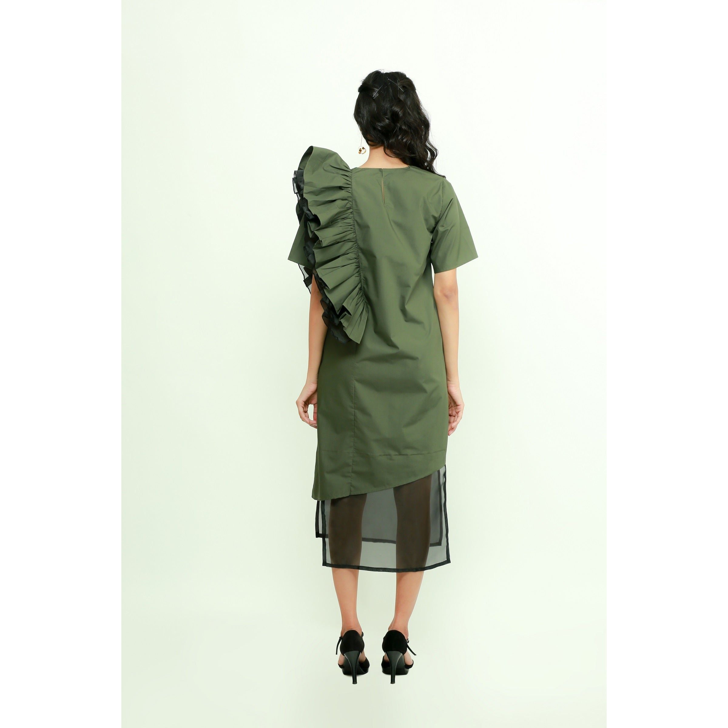 Military green frilled dress