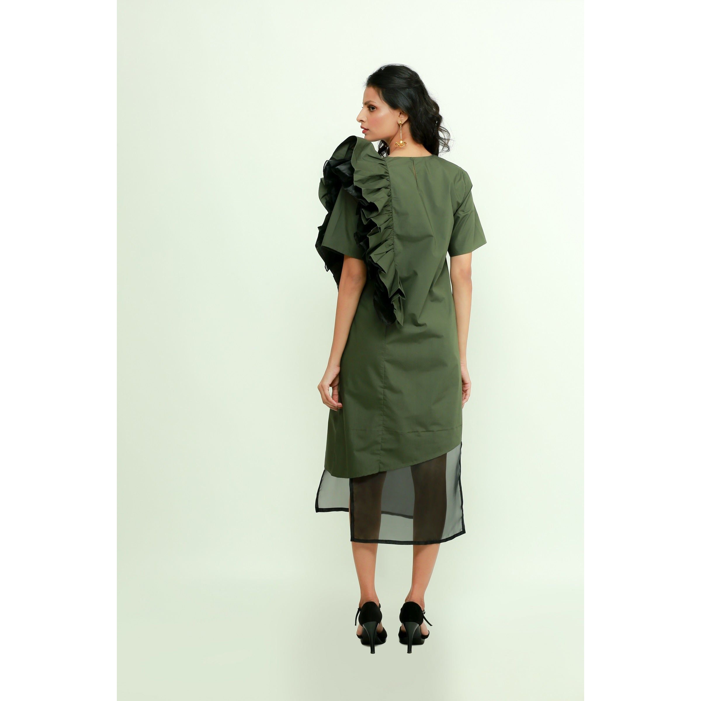Military green frilled dress