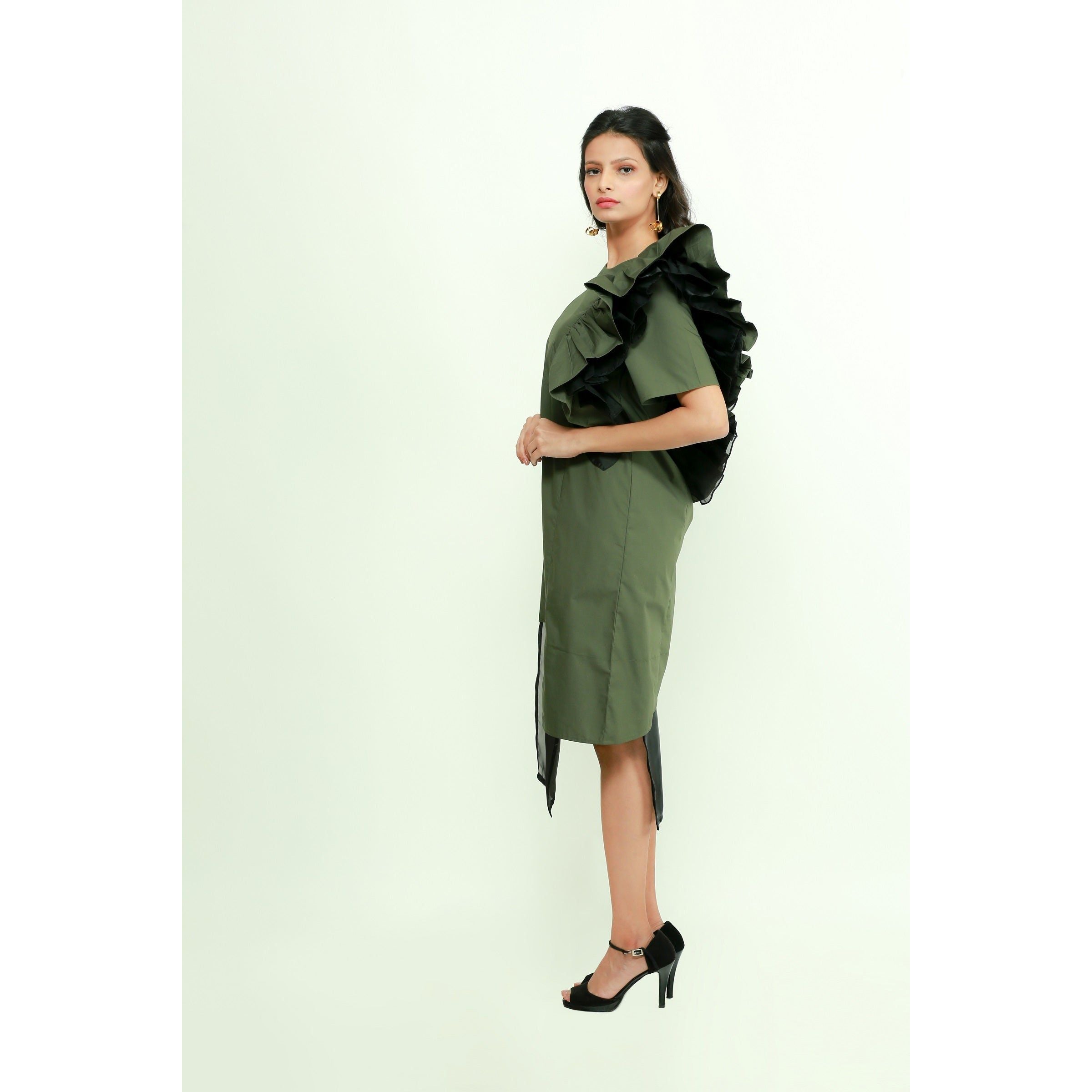 Military green frilled dress