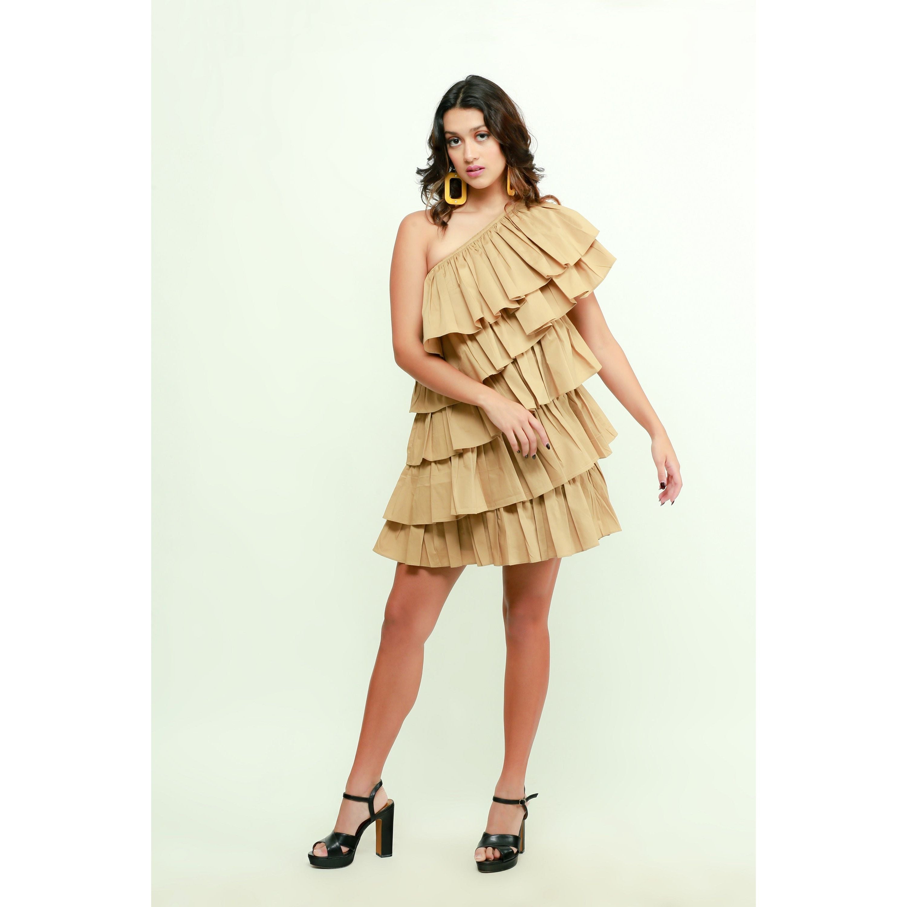 Khaki one-shoulder tiered dress.