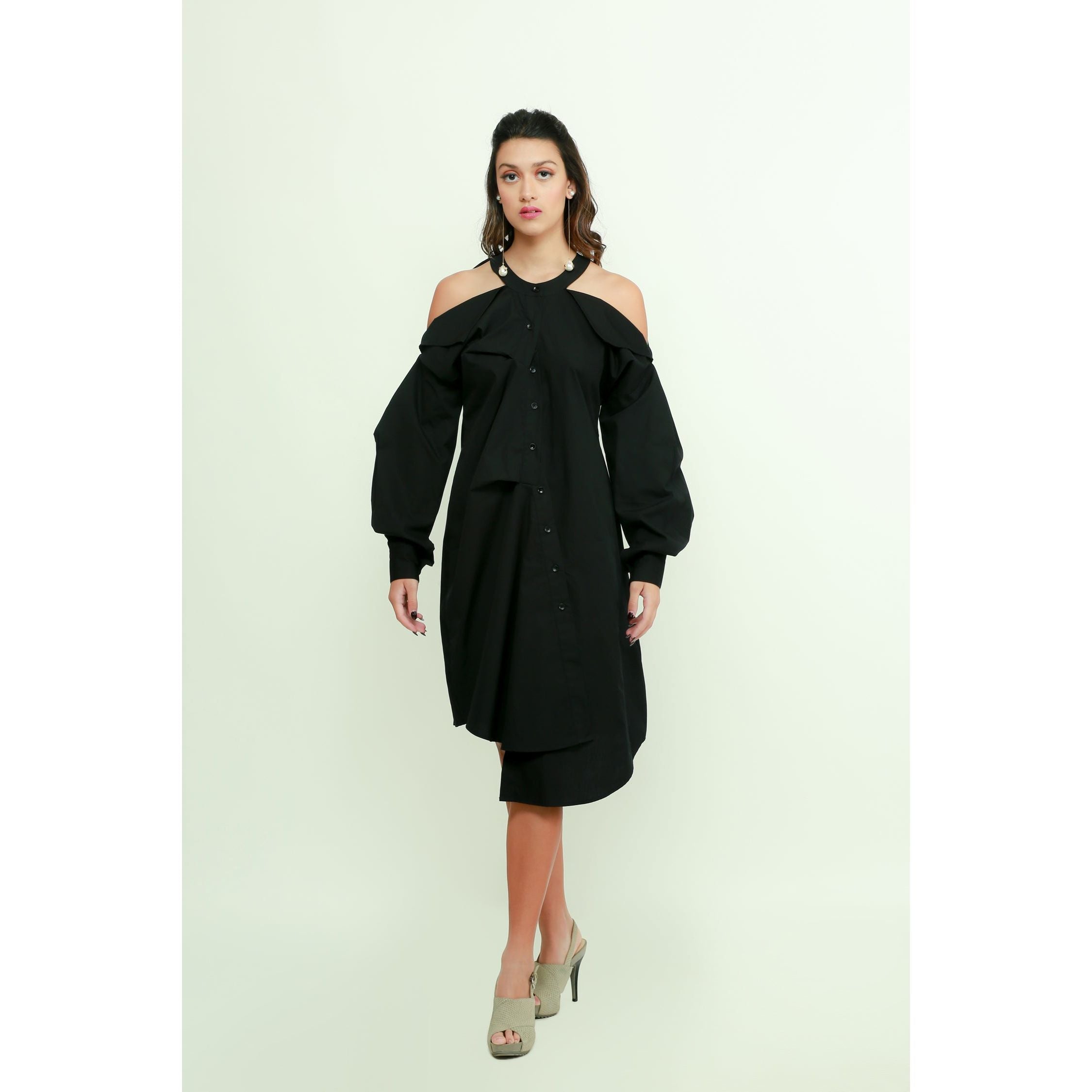 Black midi flap dress with pleated sleeves and an asymmetric placket d ...